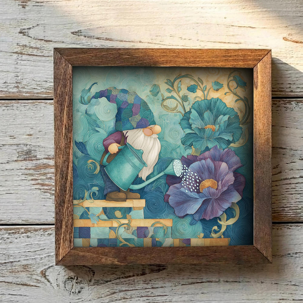 Garden Gnome Framed Art | Whimsical Flower Illustration | Cottagecore Gnome Decor | Rustic Farmhouse Frame