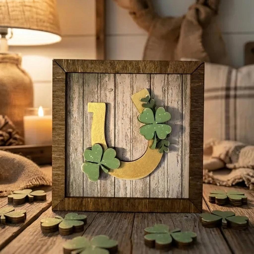 St Patrick’s Day Decor | Mini Framed Shamrock Art | Lucky Horseshoe & Clover Farmhouse Sign