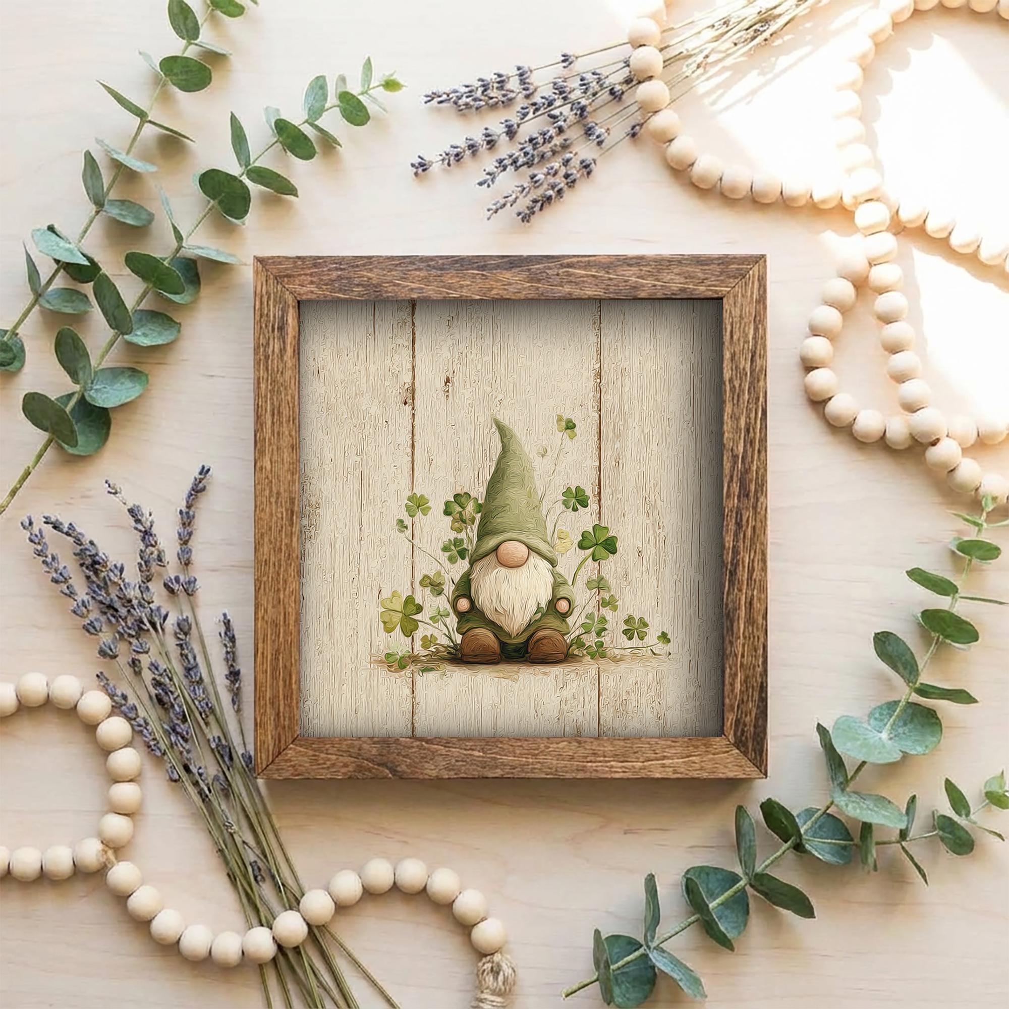 St Patrick’s Day Gnome Decor | Mini Framed Lucky Gnome Art | Farmhouse Shamrock Sign