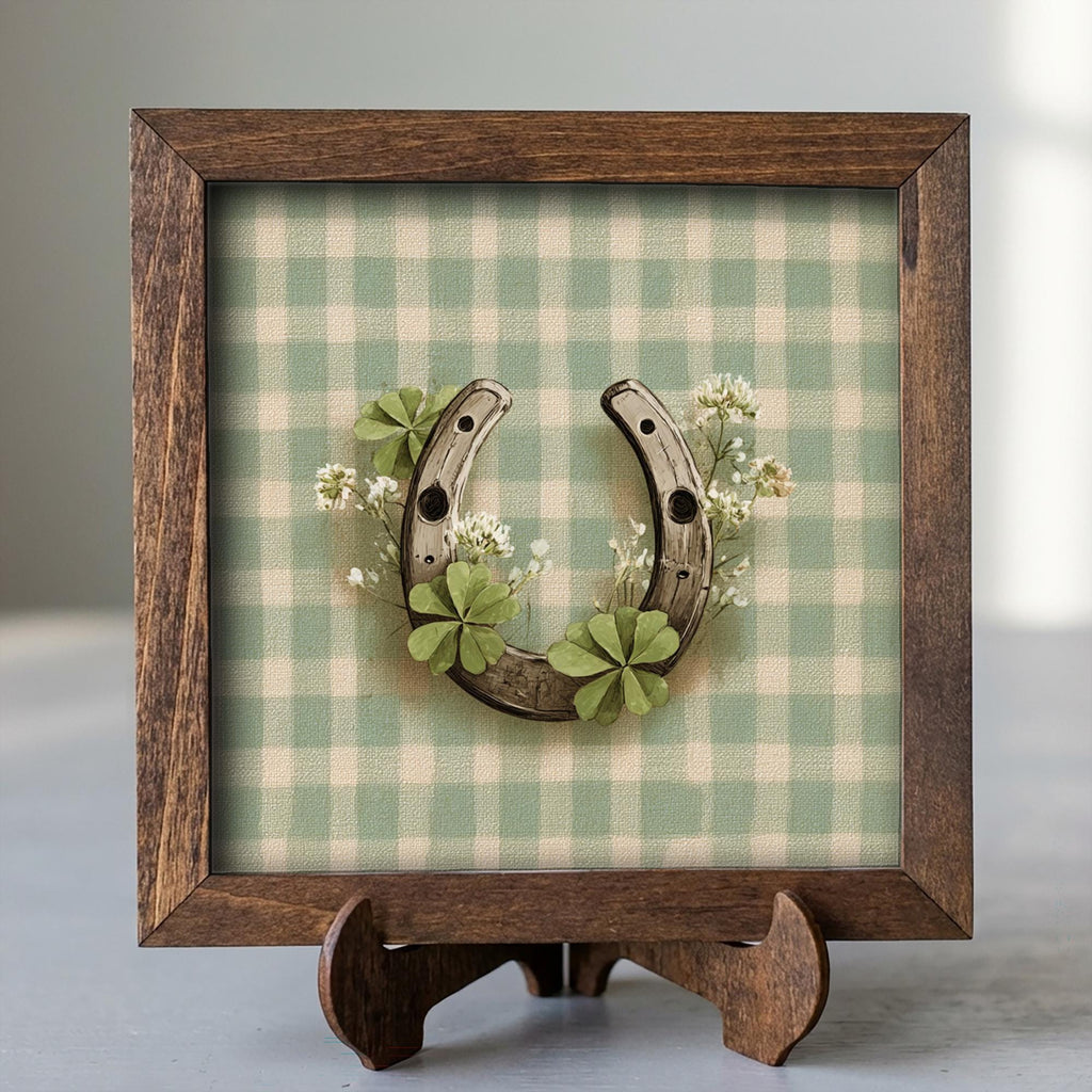 St Patrick’s Day Decor | Mini Framed Horseshoe Art | Gingham Shamrock Farmhouse Sign