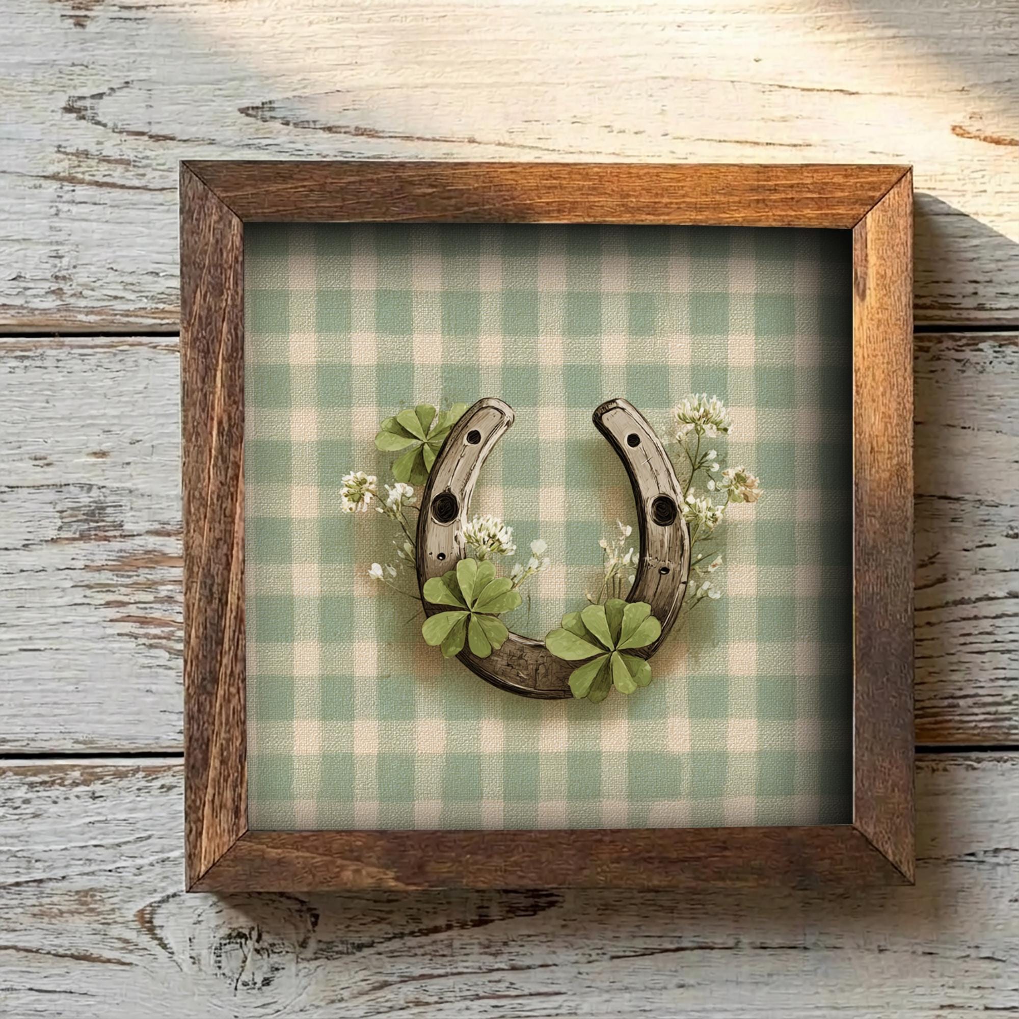 St Patrick’s Day Decor | Mini Framed Horseshoe Art | Gingham Shamrock Farmhouse Sign