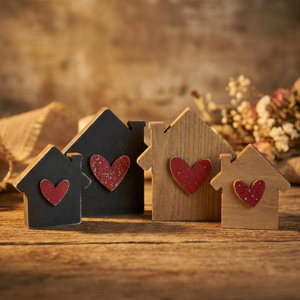 Reversible House Shelf Sitter Set, Rustic Home Decor Pair, Double-Sided Wood Houses with Hearts, Farmhouse Shelf Decor
