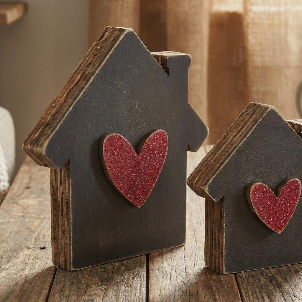 Reversible House Shelf Sitter Set, Rustic Home Decor Pair, Double-Sided Wood Houses with Hearts, Farmhouse Shelf Decor