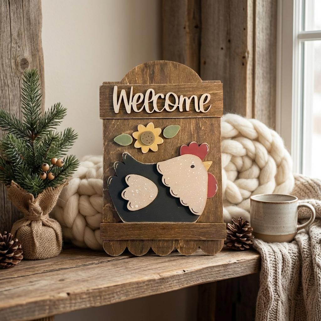 Farmhouse Chicken Welcome Sign | Rustic Layered Wood Hen Decor | Country Kitchen or Entryway Wall Sign