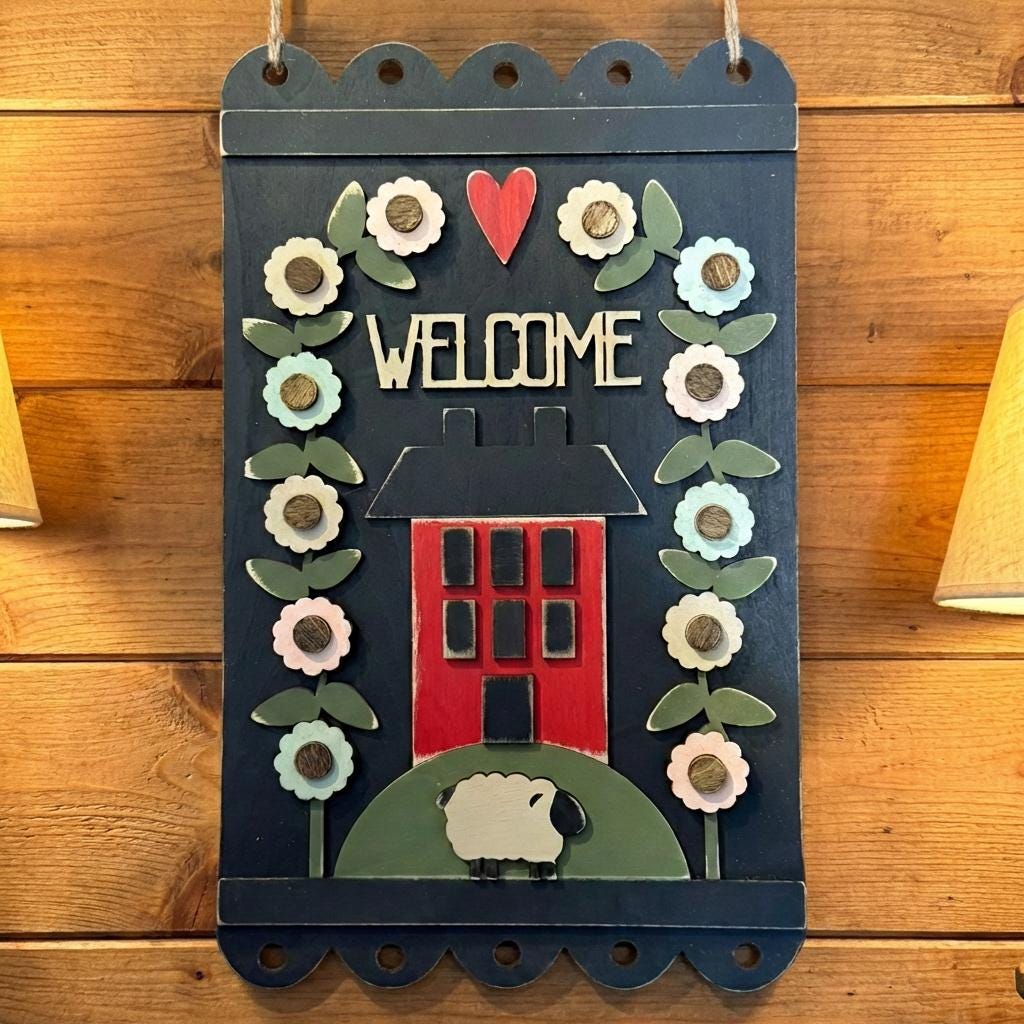 Farmhouse Welcome Sign | Sheep & Barn Wood Wall Decor | Handmade Country Farm Sign | Rustic Farmhouse Wall Hanging