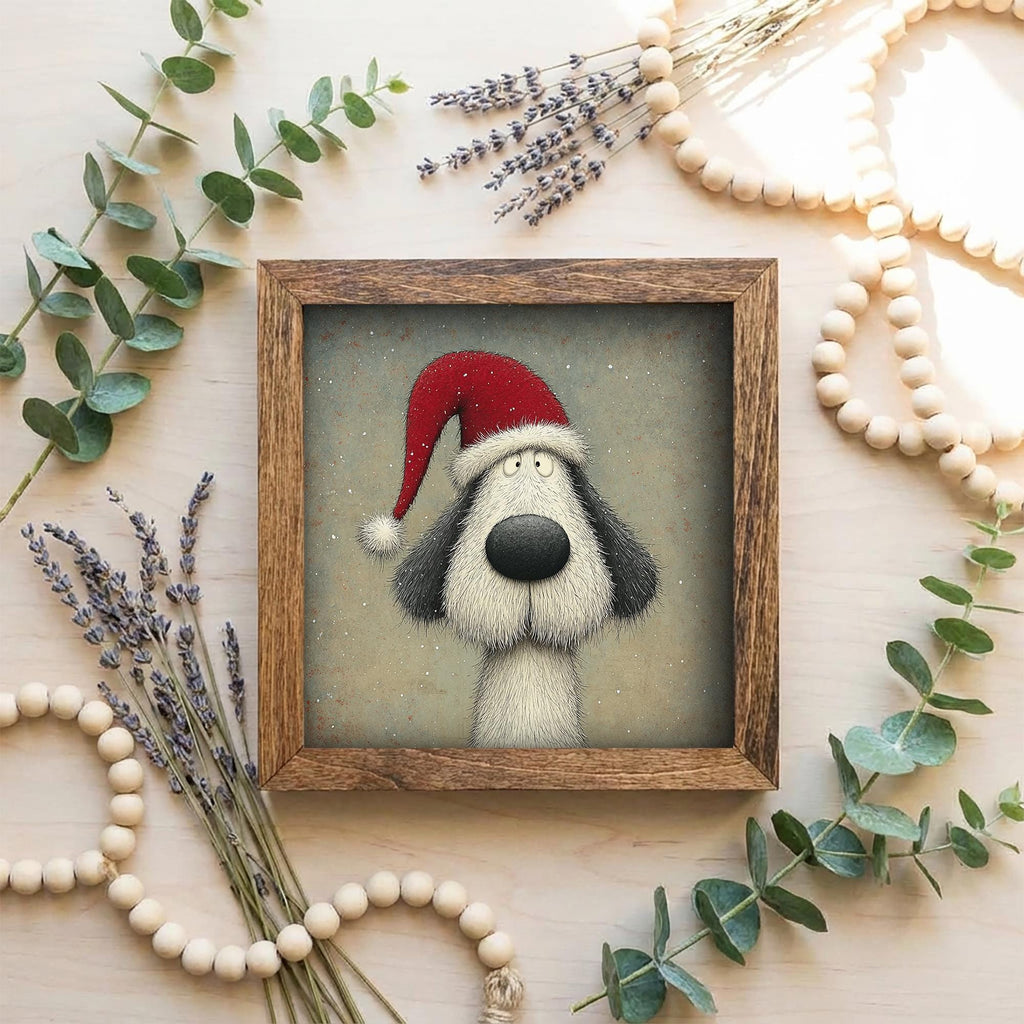 Christmas Dog Framed Art | Whimsical Holiday Dog Illustration | Funny Pet Lover Christmas Decor | Rustic Wood Frame | Easel Included