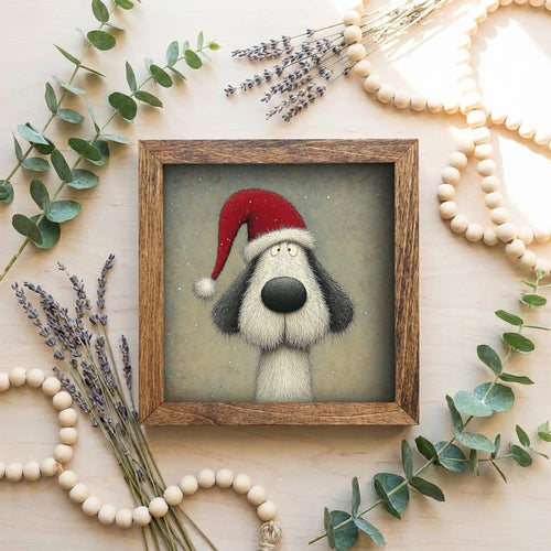Christmas Dog Framed Art | Whimsical Holiday Dog Illustration | Funny Pet Lover Christmas Decor | Rustic Wood Frame | Easel Included