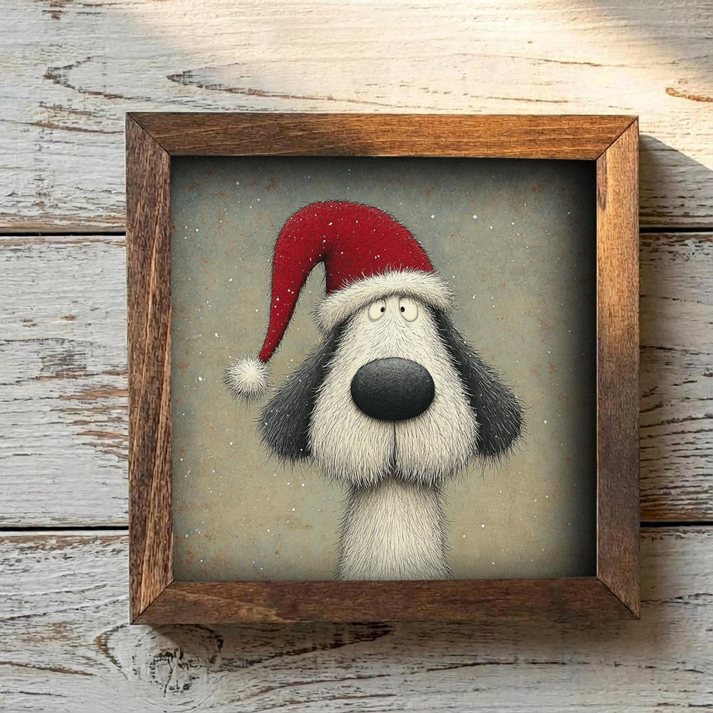 Christmas Dog Framed Art | Whimsical Holiday Dog Illustration | Funny Pet Lover Christmas Decor | Rustic Wood Frame | Easel Included