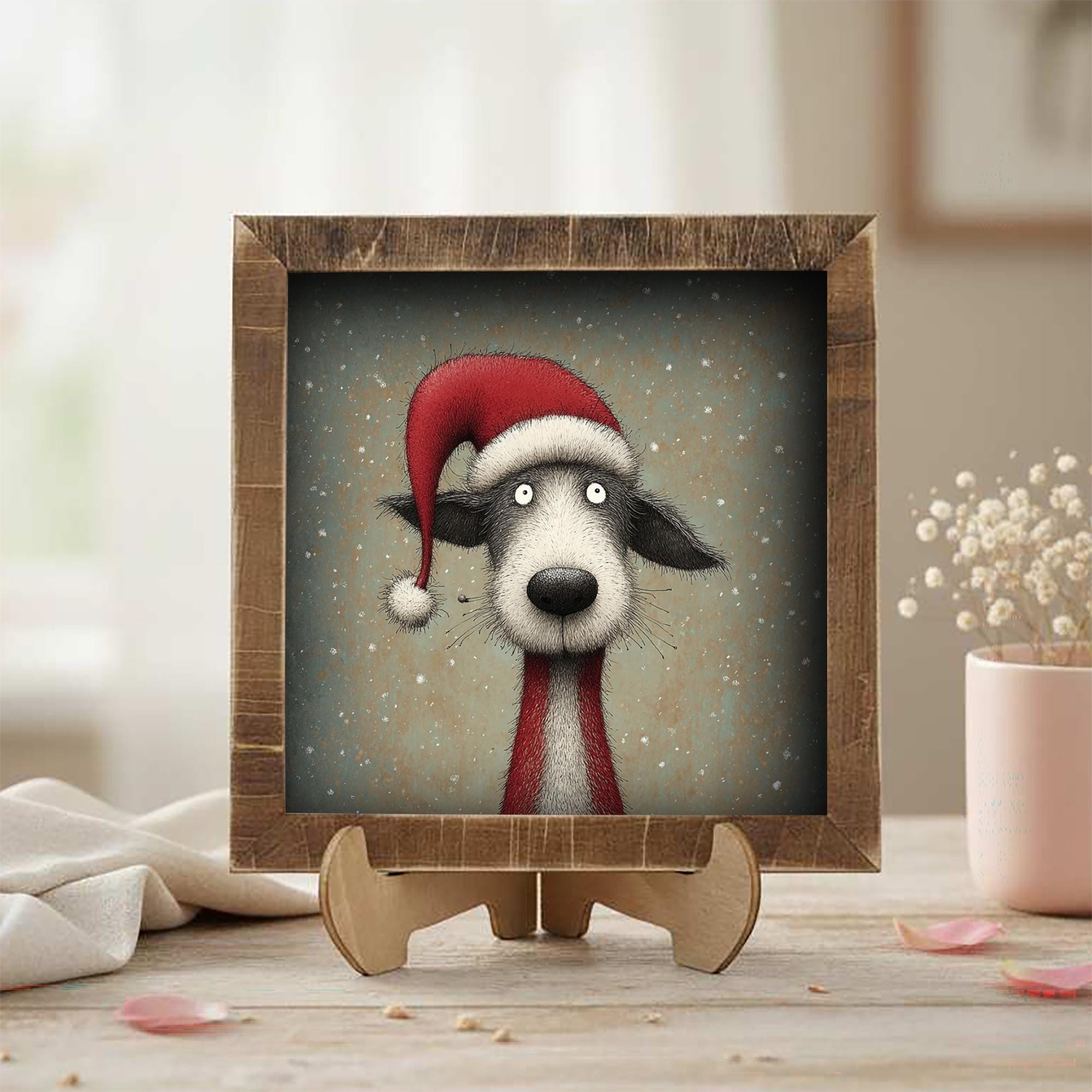 Funny Christmas Dog Framed Art | Whimsical Holiday Dog Illustration | Pet Lover Christmas Decor | Rustic Wood Frame | Easel Include