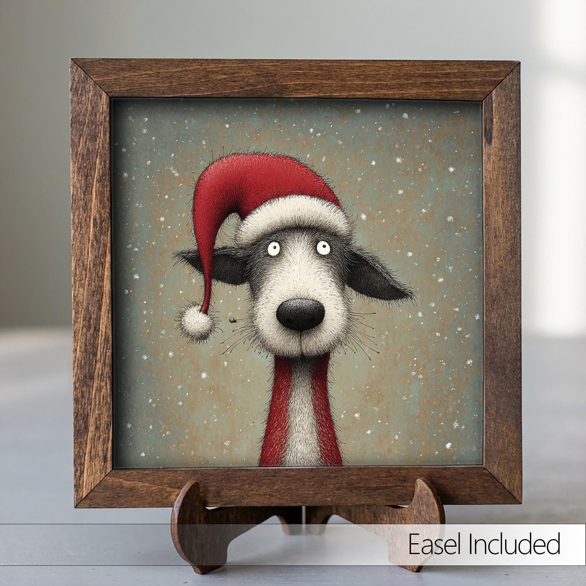 Funny Christmas Dog Framed Art | Whimsical Holiday Dog Illustration | Pet Lover Christmas Decor | Rustic Wood Frame | Easel Include