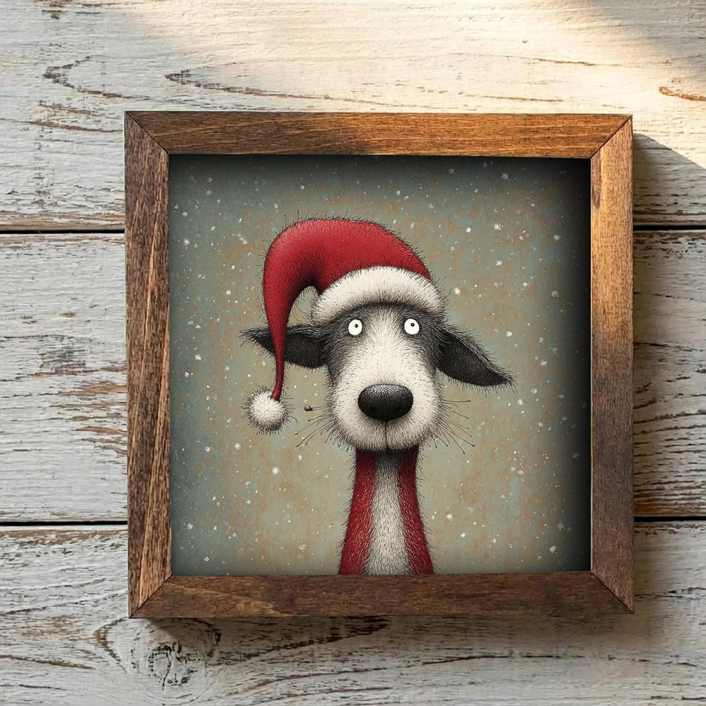 Funny Christmas Dog Framed Art | Whimsical Holiday Dog Illustration | Pet Lover Christmas Decor | Rustic Wood Frame | Easel Include