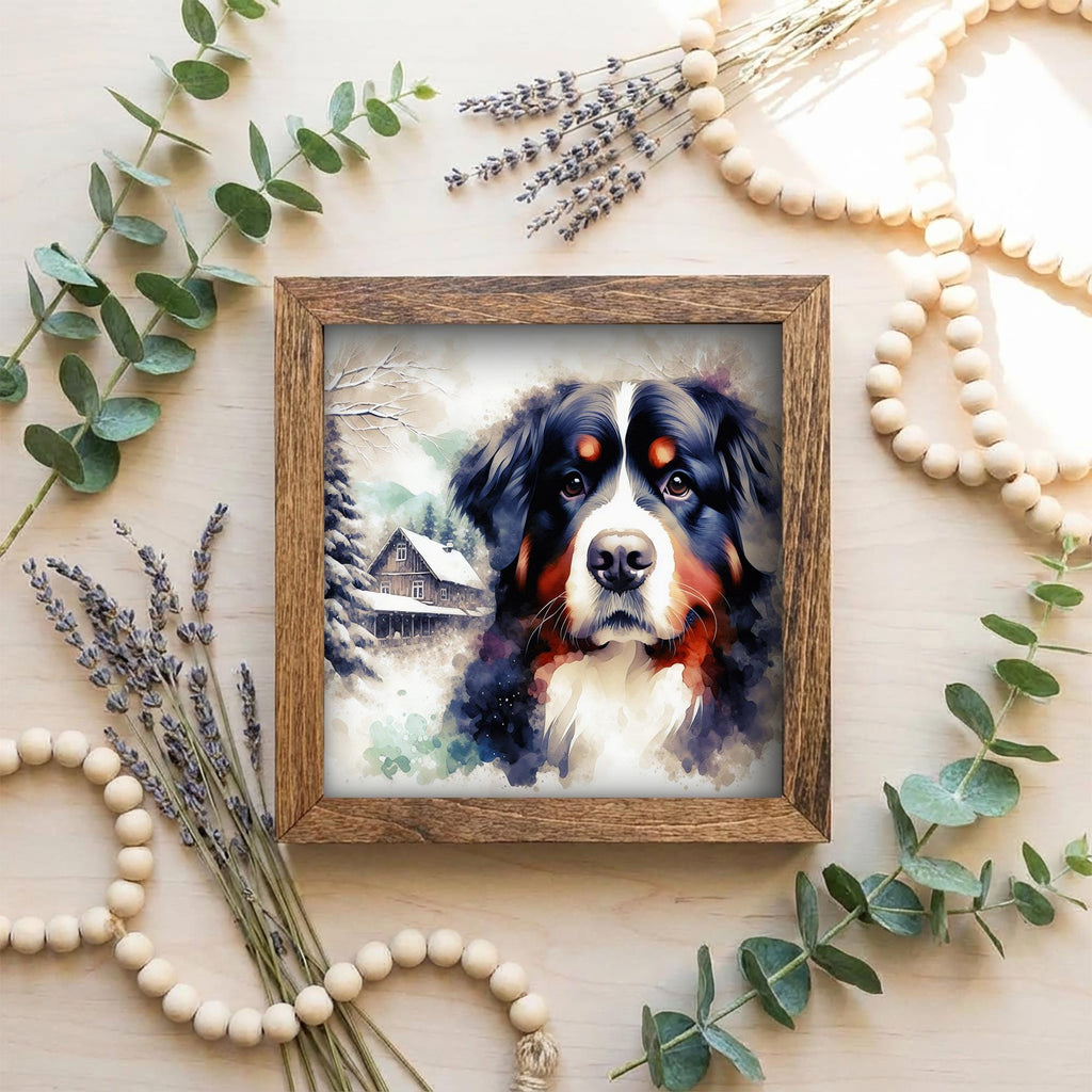 Black white and rust Bernese Mountain Dog Framed Art, Watercolor Bernese Mountain Portrait, 5.5 Inch Shelf Decor with Easel, Dog Lover Gift