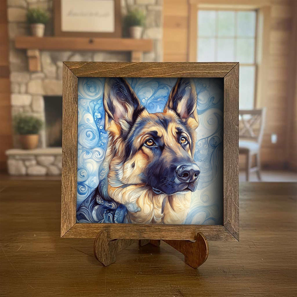 Black and tan German Shepherd Dog Framed Art, Watercolor German Shepherd Portrait, 5.5 Inch Shelf Decor with Easel, Dog Lover Gift