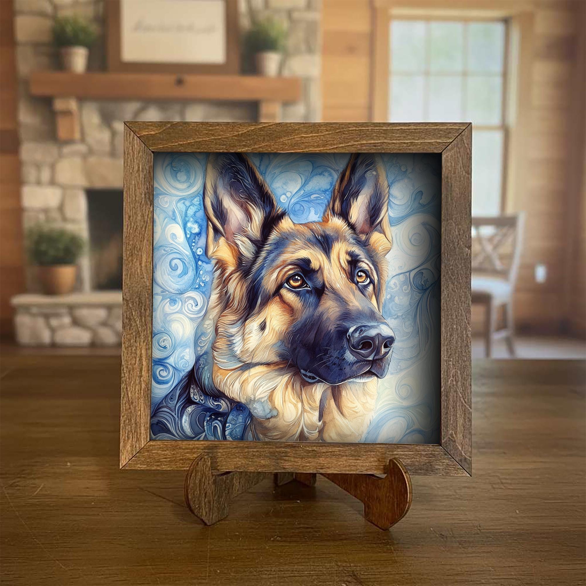 Black and tan German Shepherd Dog Framed Art, Watercolor German Shepherd Portrait, 5.5 Inch Shelf Decor with Easel, Dog Lover Gift