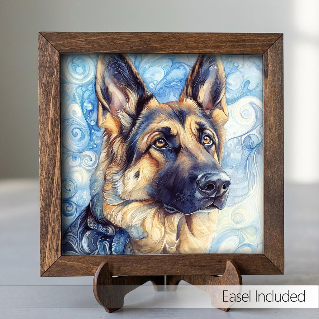Black and tan German Shepherd Dog Framed Art, Watercolor German Shepherd Portrait, 5.5 Inch Shelf Decor with Easel, Dog Lover Gift