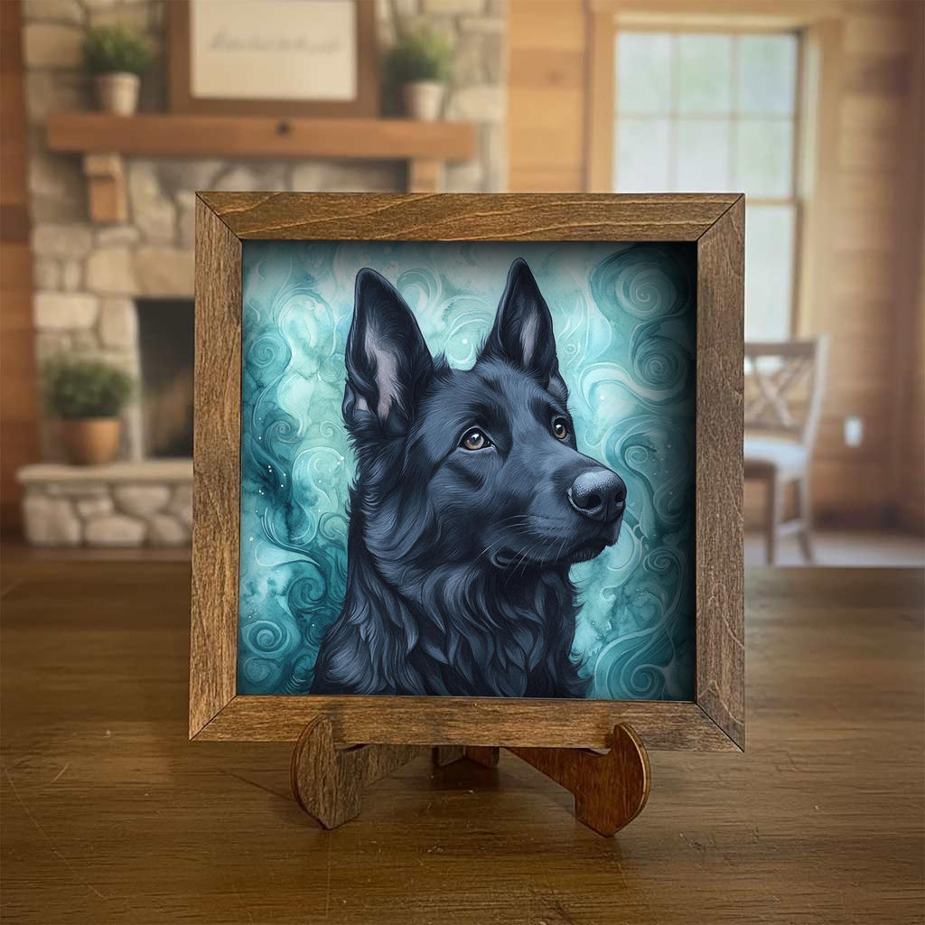 Solid black German Shepherd Dog Framed Art, Watercolor German Shepherd Portrait, 5.5 Inch Shelf Decor with Easel, Dog Lover Gift