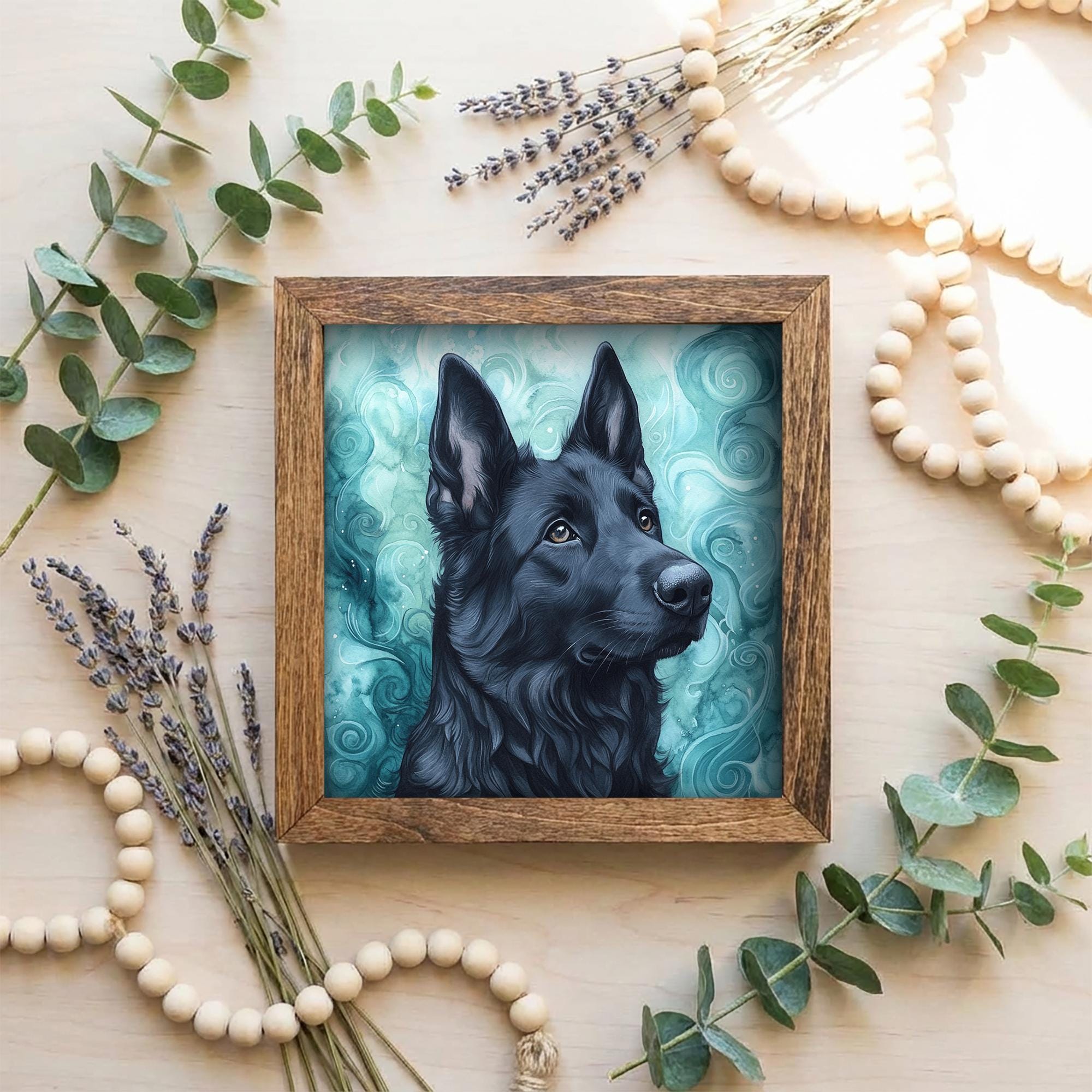 Solid black German Shepherd Dog Framed Art, Watercolor German Shepherd Portrait, 5.5 Inch Shelf Decor with Easel, Dog Lover Gift