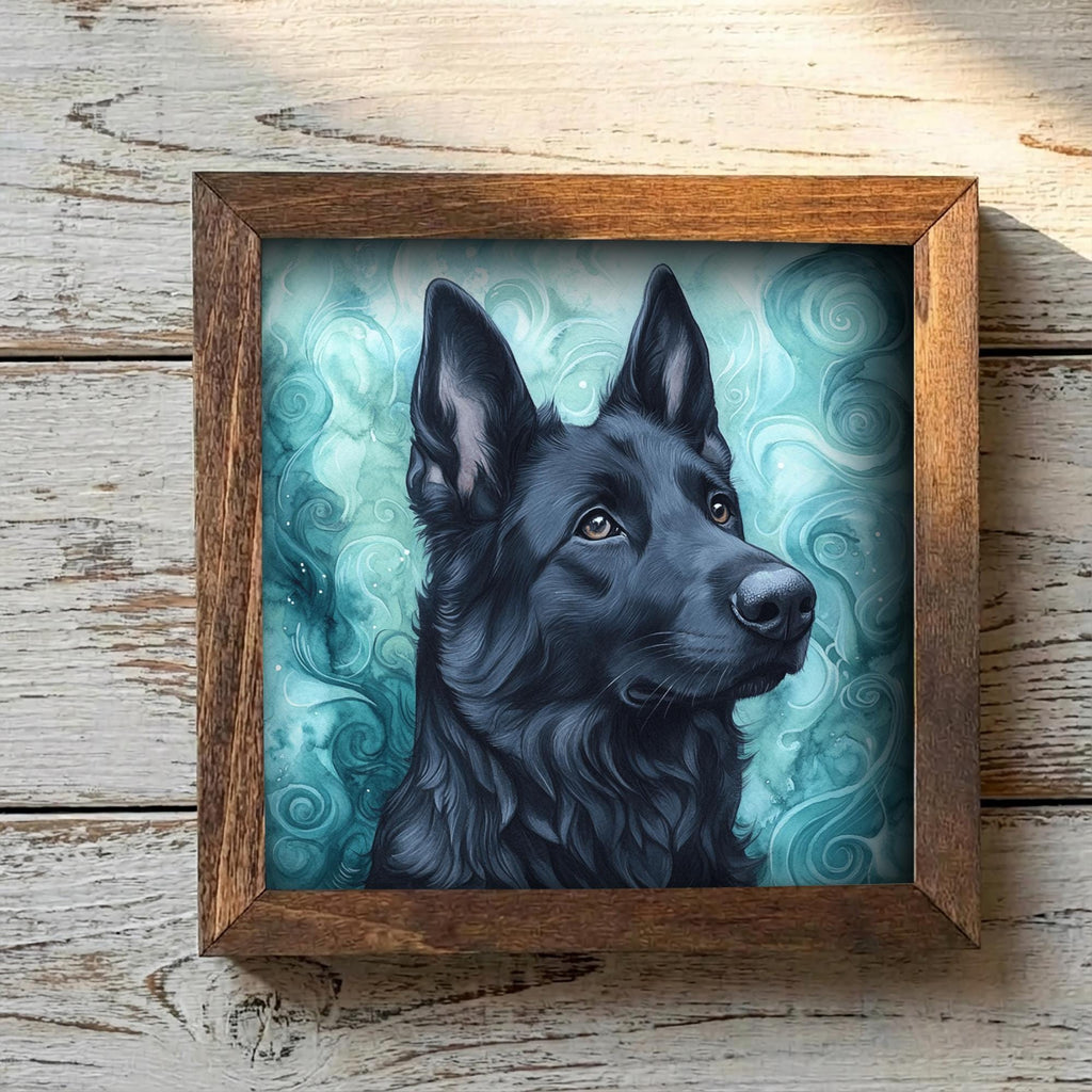 Solid black German Shepherd Dog Framed Art, Watercolor German Shepherd Portrait, 5.5 Inch Shelf Decor with Easel, Dog Lover Gift