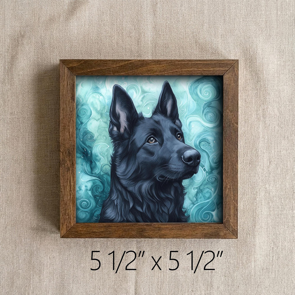Solid black German Shepherd Dog Framed Art, Watercolor German Shepherd Portrait, 5.5 Inch Shelf Decor with Easel, Dog Lover Gift