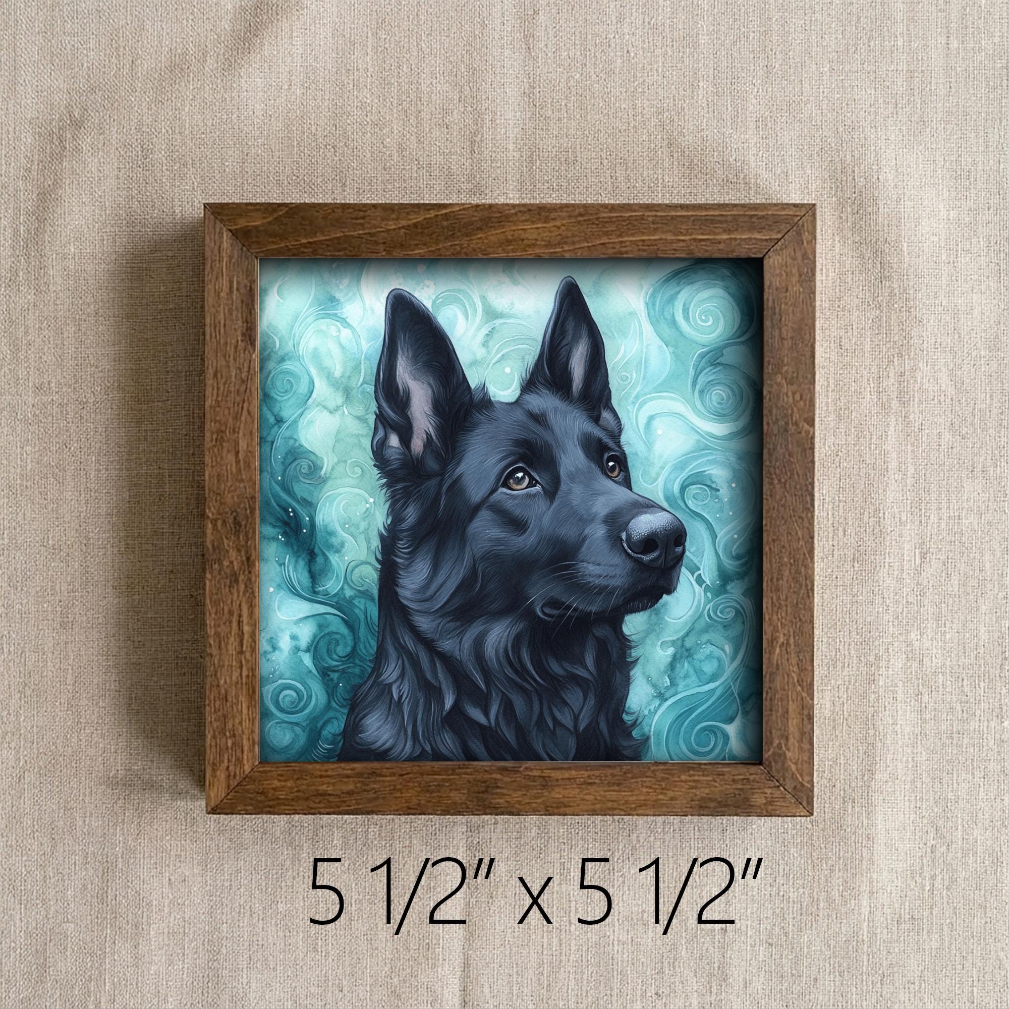 Solid black German Shepherd Dog Framed Art, Watercolor German Shepherd Portrait, 5.5 Inch Shelf Decor with Easel, Dog Lover Gift