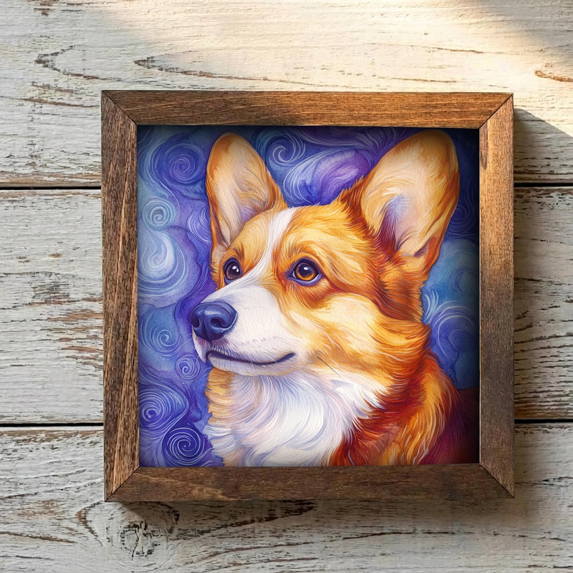 Red and white Corgi Dog Framed Art, Watercolor Corgi Portrait, 5.5 Inch Shelf Decor with Easel, Dog Lover Gift