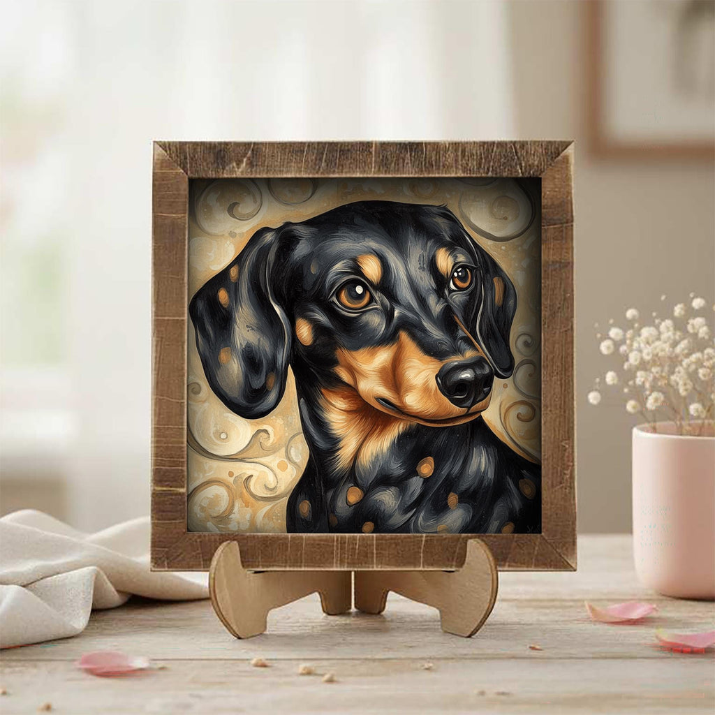 Black and tan Dachshund Dog Framed Art, Watercolor Dachshund Portrait, 5.5 Inch Shelf Decor with Easel, Dog Lover Gift