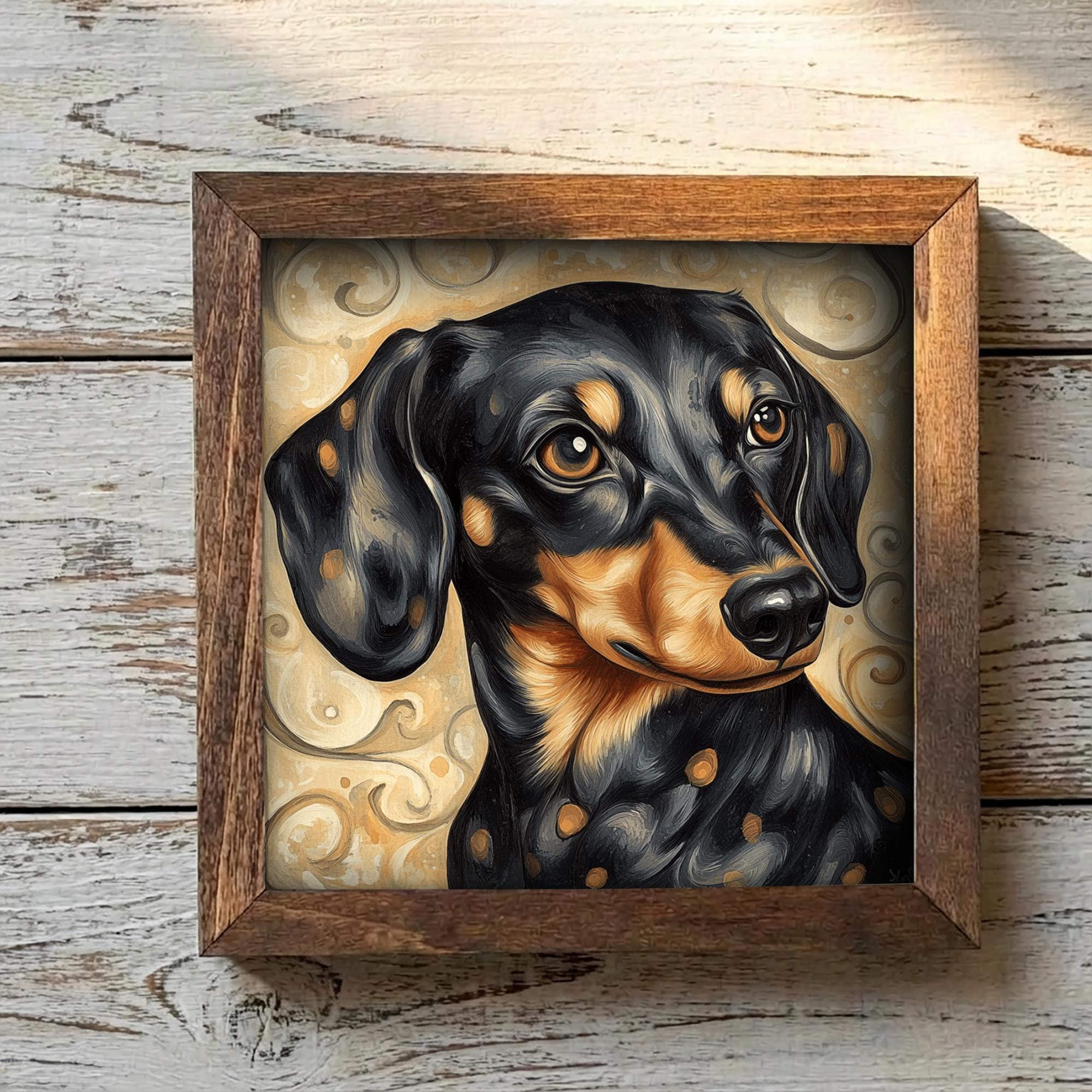 Black and tan Dachshund Dog Framed Art, Watercolor Dachshund Portrait, 5.5 Inch Shelf Decor with Easel, Dog Lover Gift