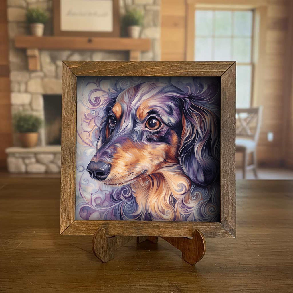 Dapple Dachshund Dog Framed Art, Watercolor Dachshund Portrait, 5.5 Inch Shelf Decor with Easel, Dog Lover Gift