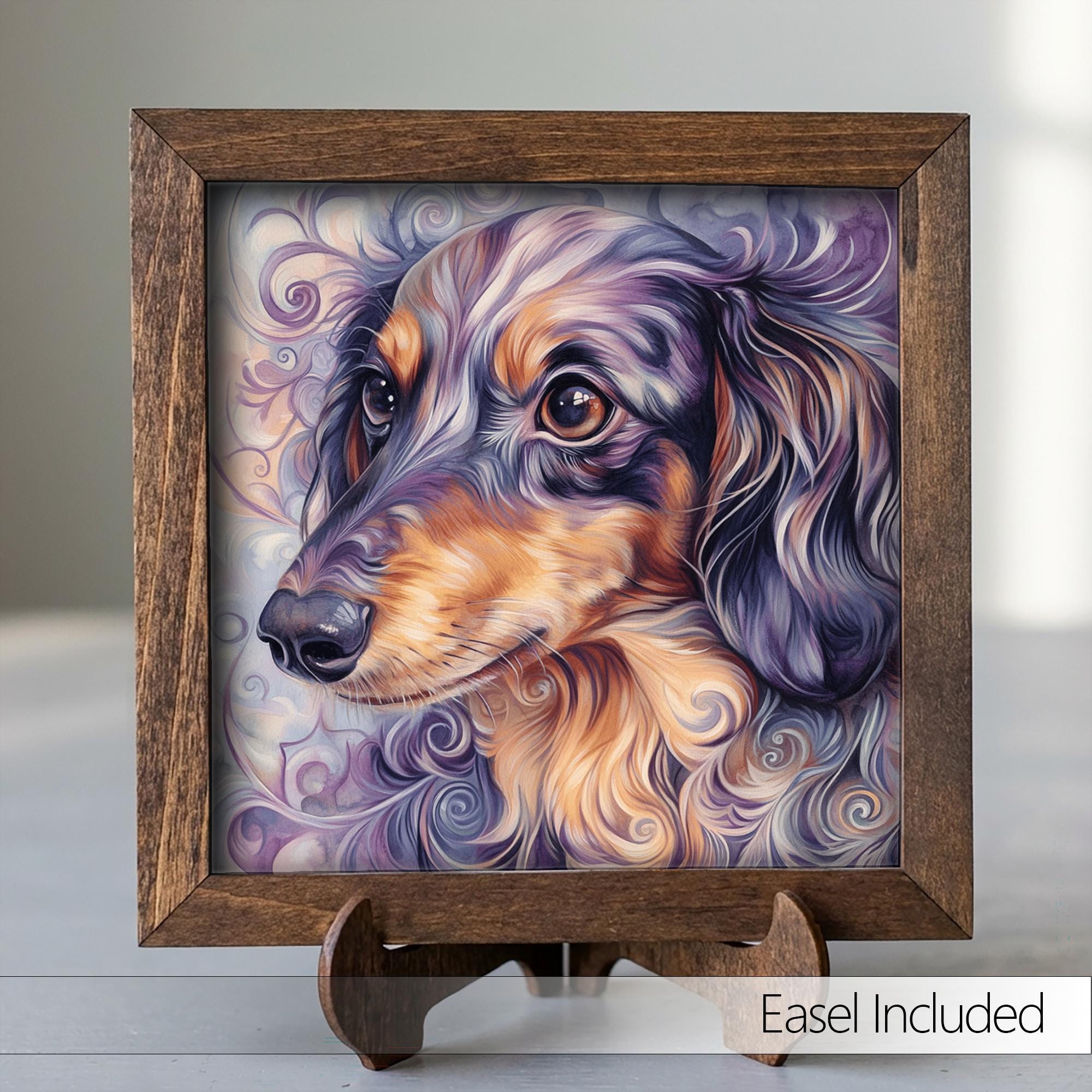 Dapple Dachshund Dog Framed Art, Watercolor Dachshund Portrait, 5.5 Inch Shelf Decor with Easel, Dog Lover Gift