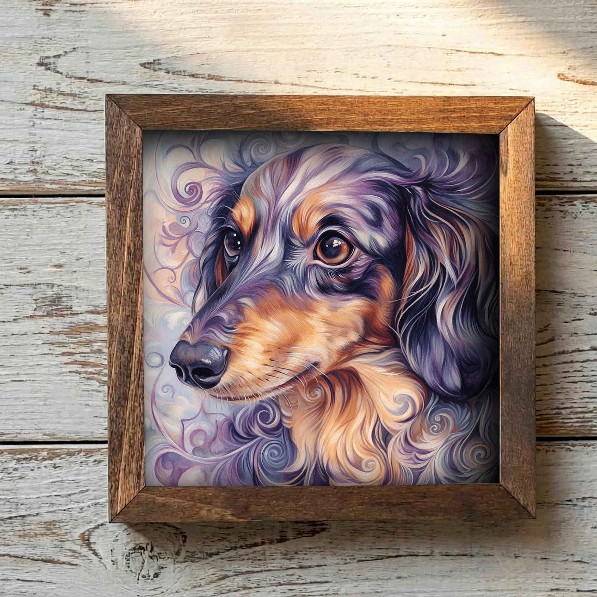 Dapple Dachshund Dog Framed Art, Watercolor Dachshund Portrait, 5.5 Inch Shelf Decor with Easel, Dog Lover Gift
