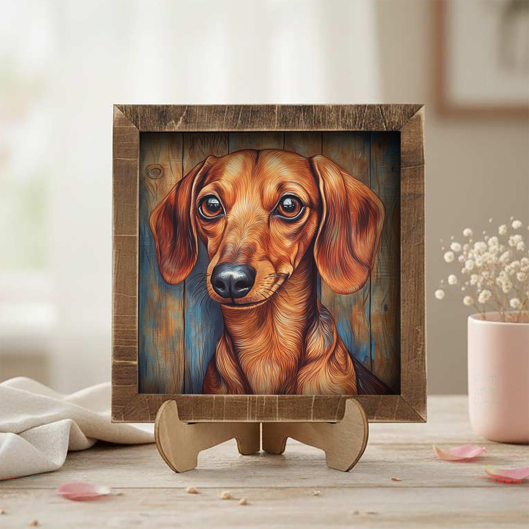 Red Dachshund Dog Framed Art, Watercolor Dachshund Portrait, 5.5 Inch Shelf Decor with Easel, Dog Lover Gift