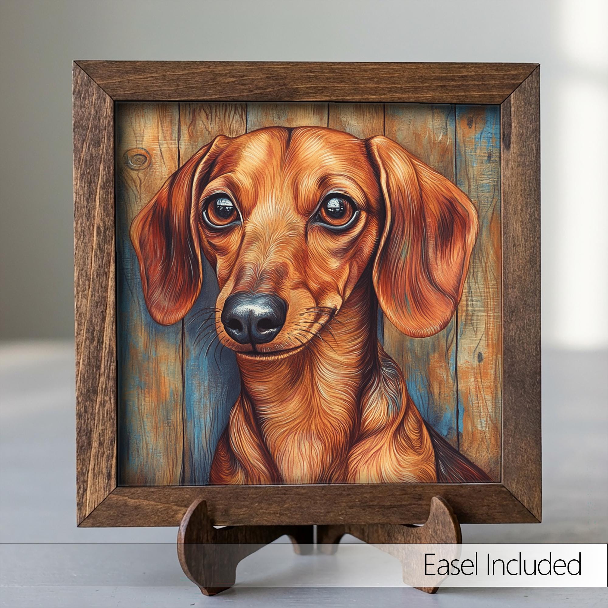 Red Dachshund Dog Framed Art, Watercolor Dachshund Portrait, 5.5 Inch Shelf Decor with Easel, Dog Lover Gift