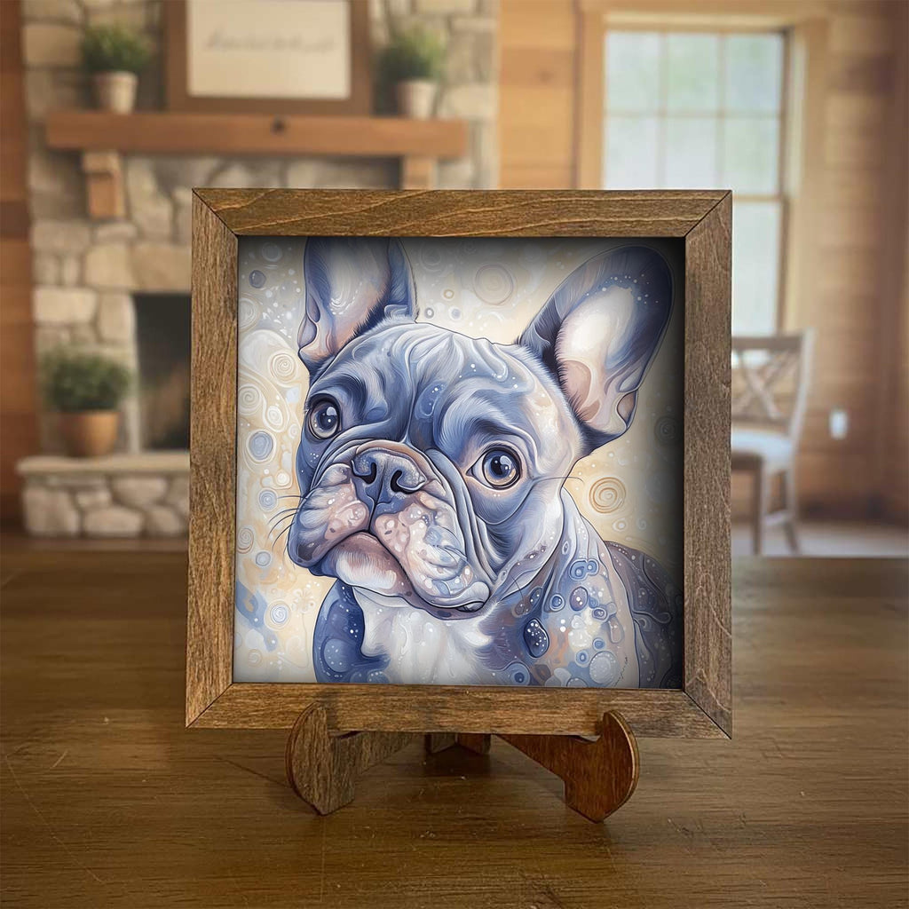 Blue-gray French Bulldog Dog Framed Art, Watercolor French Bulldog Portrait, 5.5 Inch Shelf Decor with Easel, Dog Lover Gift