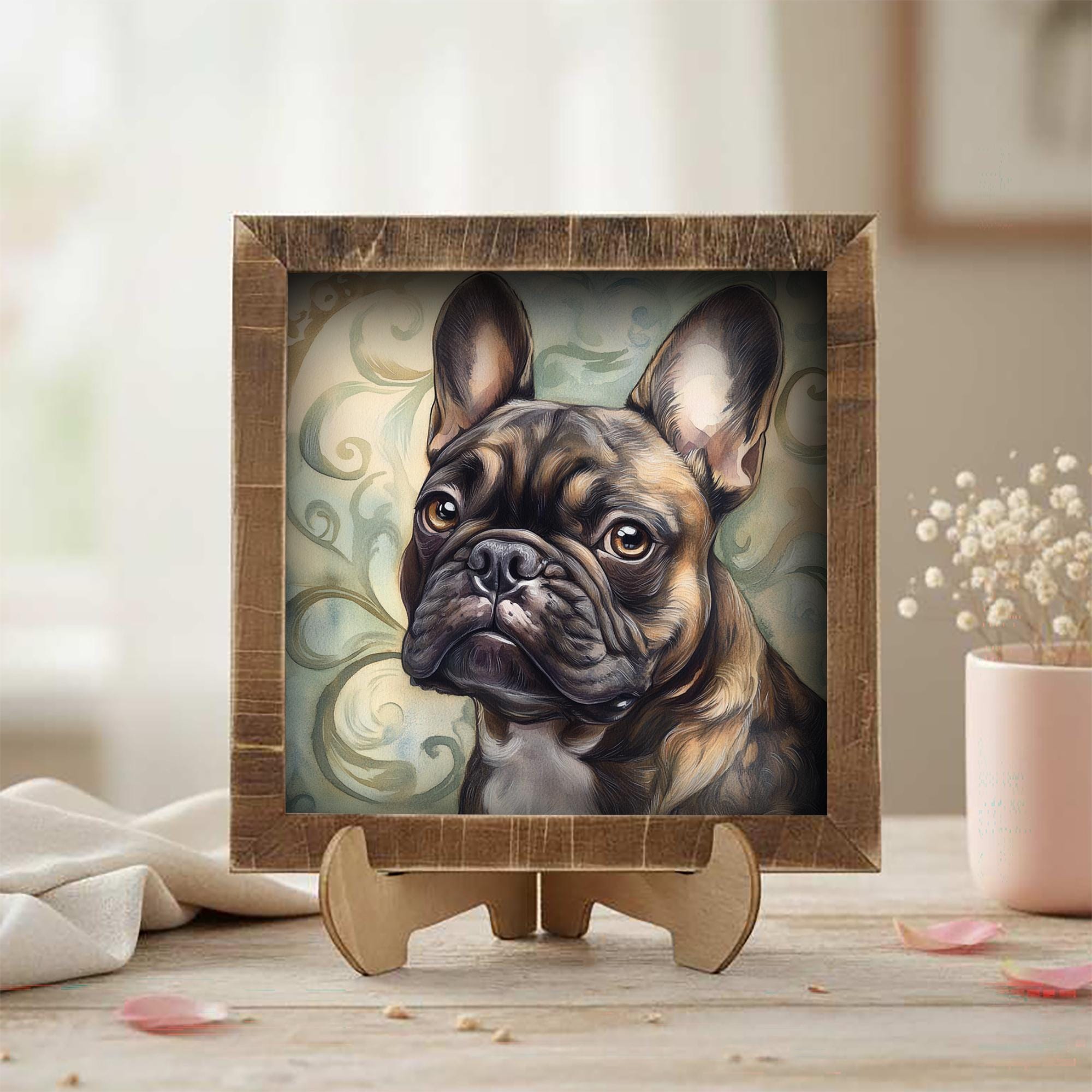 Brindle French Bulldog Dog Framed Art, Watercolor French Bulldog Portrait, 5.5 Inch Shelf Decor with Easel, Dog Lover Gift