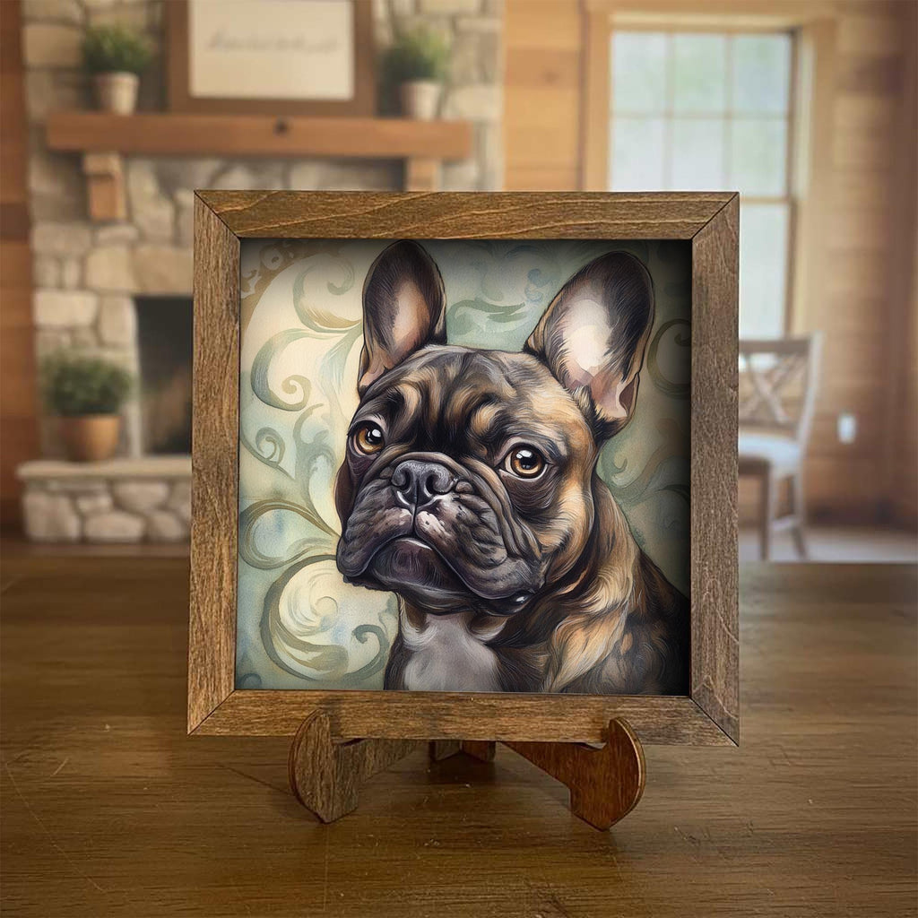 Brindle French Bulldog Dog Framed Art, Watercolor French Bulldog Portrait, 5.5 Inch Shelf Decor with Easel, Dog Lover Gift