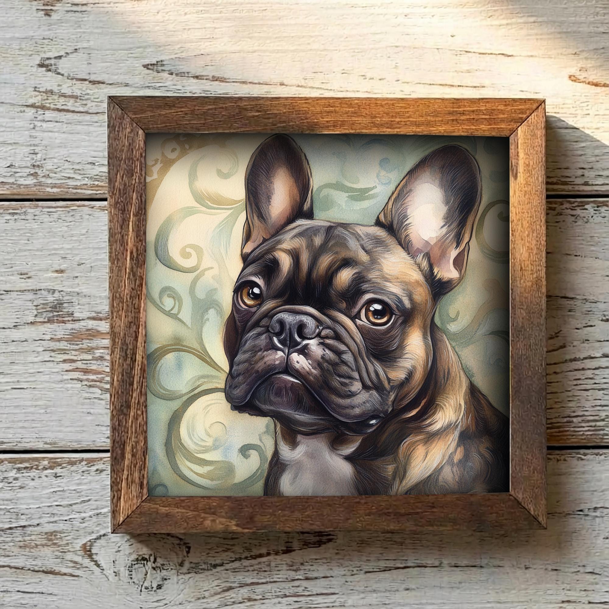 Brindle French Bulldog Dog Framed Art, Watercolor French Bulldog Portrait, 5.5 Inch Shelf Decor with Easel, Dog Lover Gift