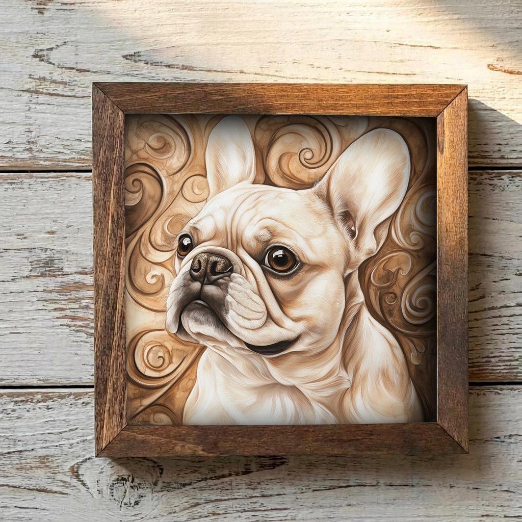 Fawn French Bulldog Dog Framed Art, Watercolor French Bulldog Portrait, 5.5 Inch Shelf Decor with Easel, Dog Lover Gift