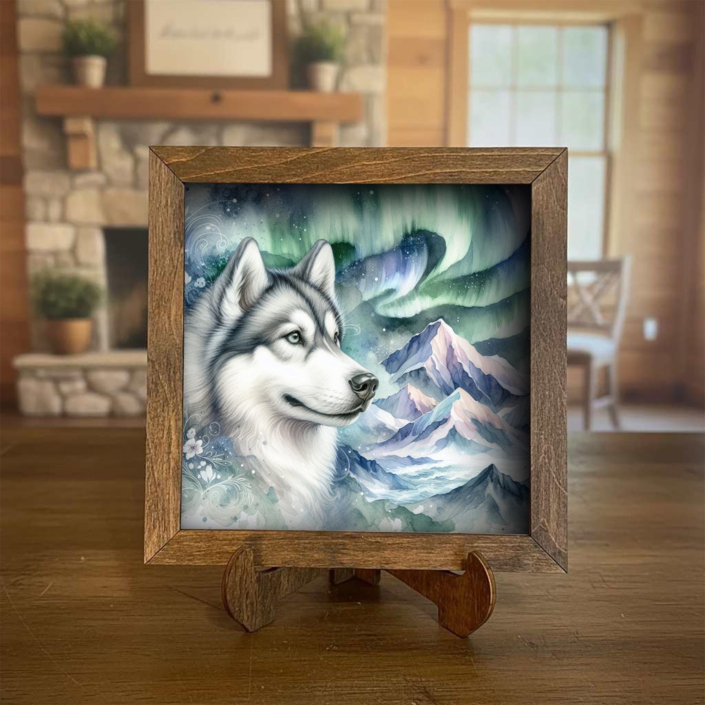 Gray and white Husky Dog Framed Art, Watercolor Husky Portrait, 5.5 Inch Shelf Decor with Easel, Dog Lover Gift