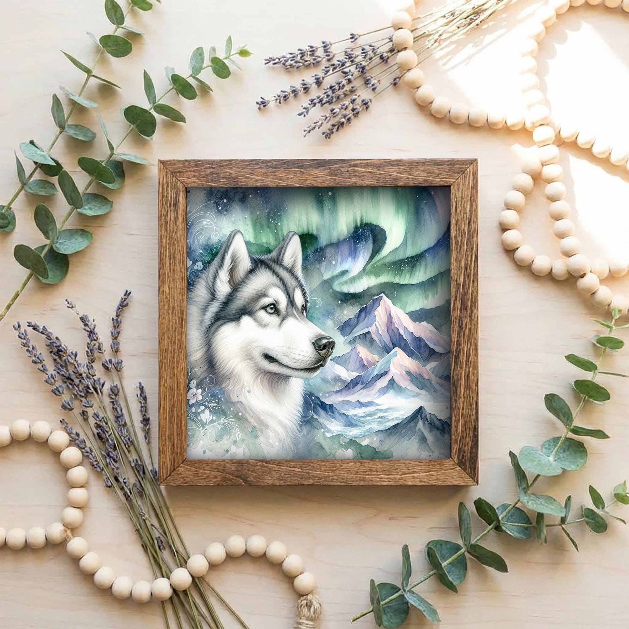 Gray and white Husky Dog Framed Art, Watercolor Husky Portrait, 5.5 Inch Shelf Decor with Easel, Dog Lover Gift