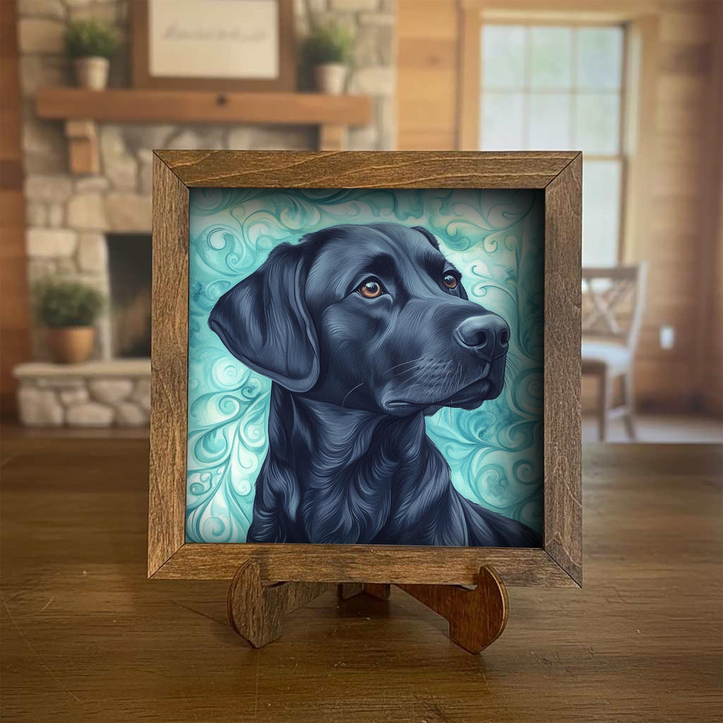 Black Laborador Retriever Dog Framed Art, Watercolor Golden Retriever Portrait, 5.5 Inch Shelf Decor with Easel, Dog Lover Gift
