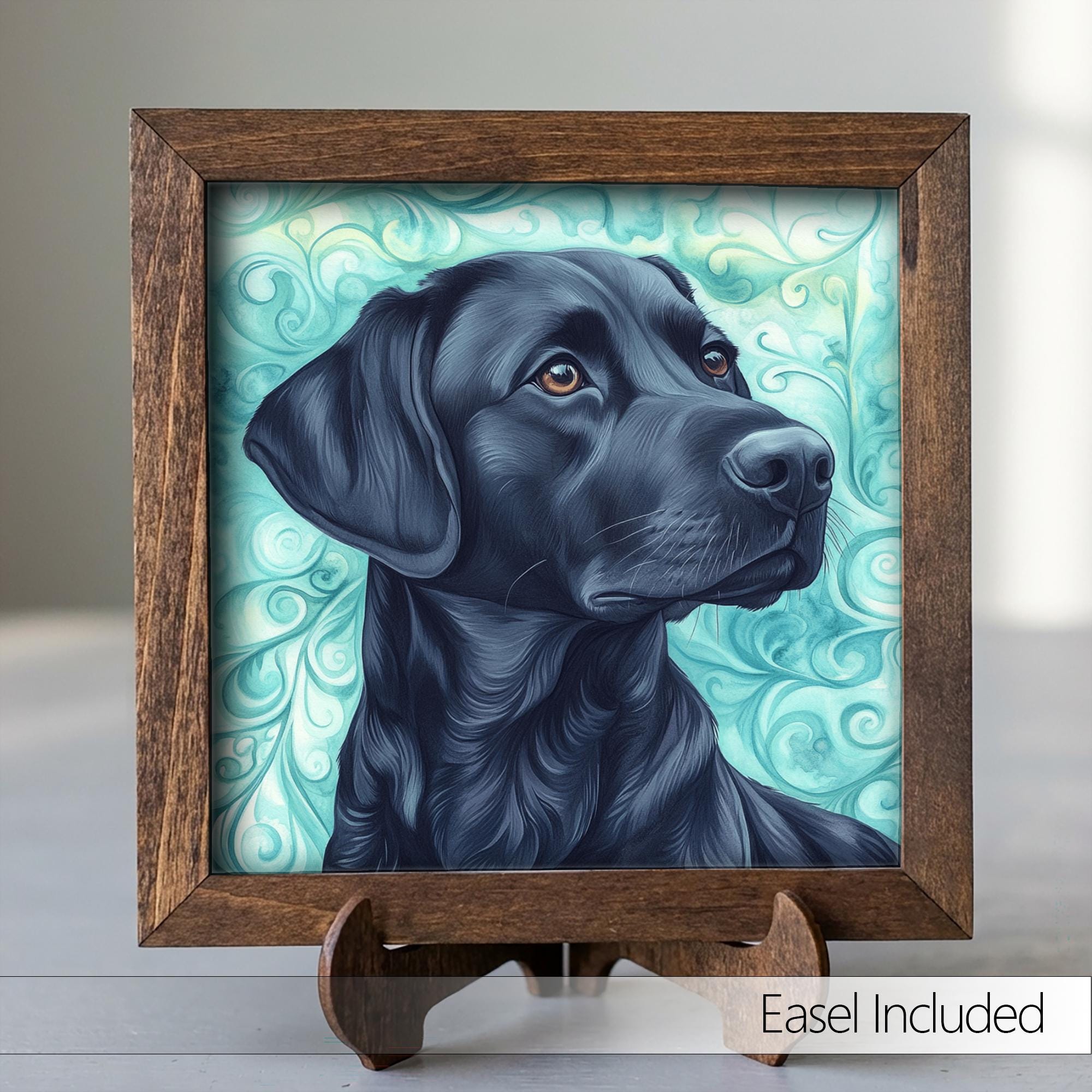 Black Laborador Retriever Dog Framed Art, Watercolor Golden Retriever Portrait, 5.5 Inch Shelf Decor with Easel, Dog Lover Gift