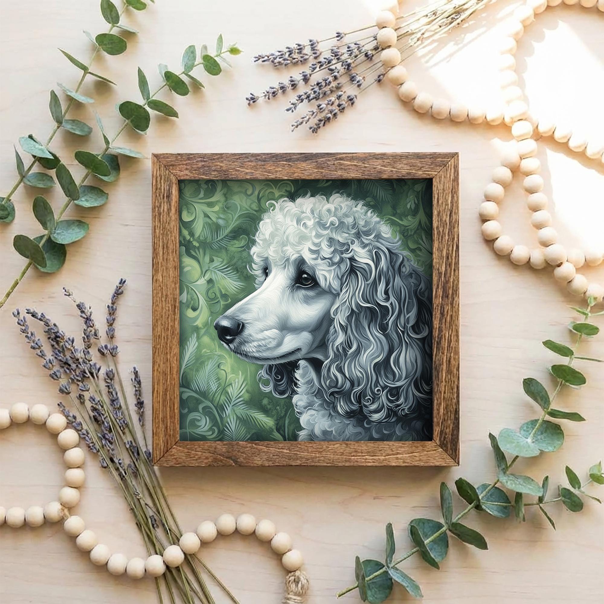 Silver Poodle Dog Framed Art, Watercolor Husky Portrait, 5.5 Inch Shelf Decor with Easel, Dog Lover Gift