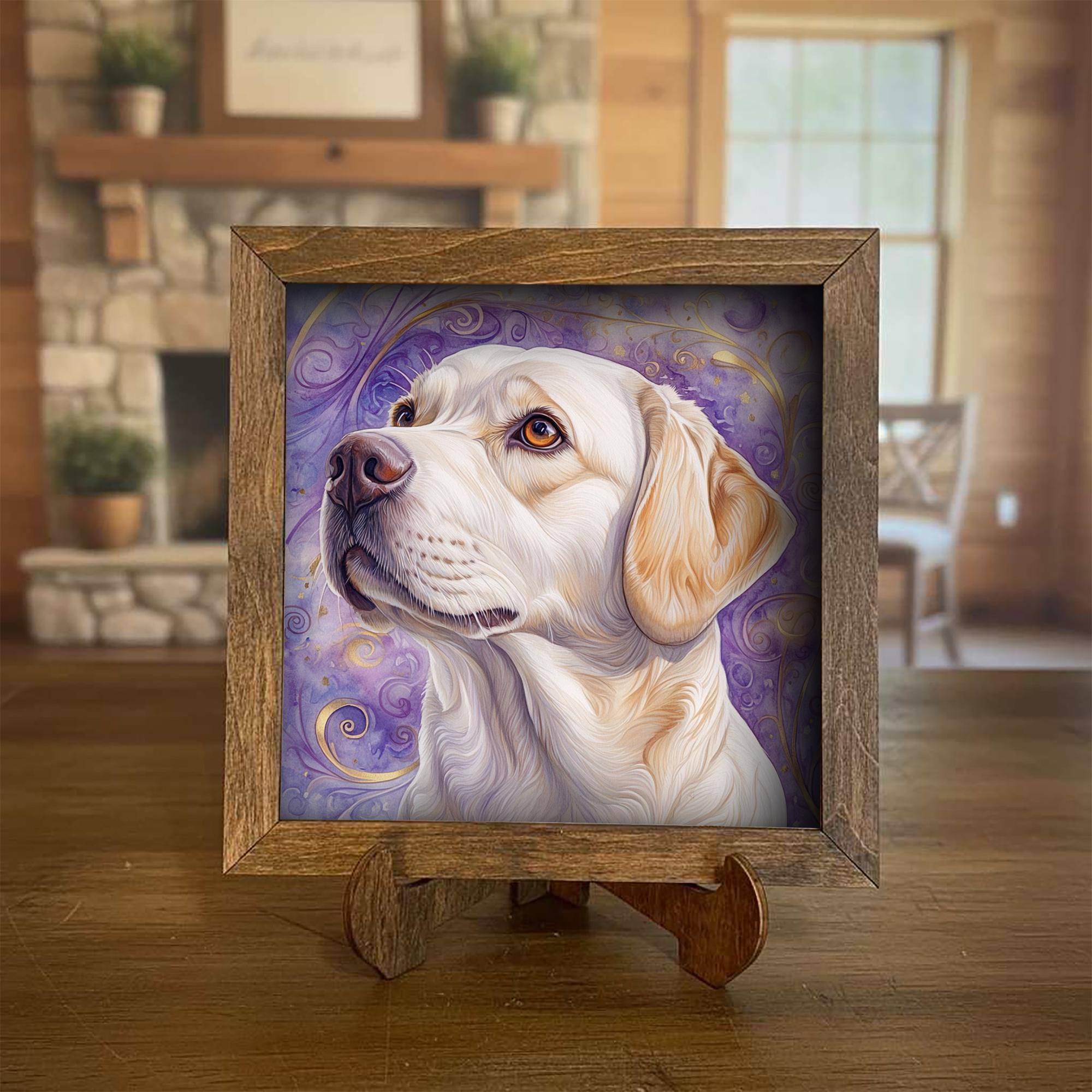 Yellow Laborador Retriever Dog Framed Art, Watercolor Golden Retriever Portrait, 5.5 Inch Shelf Decor with Easel, Dog Lover Gift