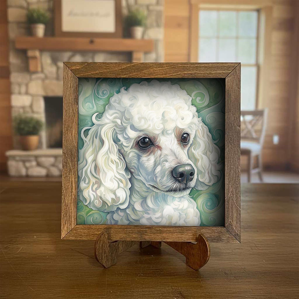 White Poodle Dog Framed Art, Watercolor Husky Portrait, 5.5 Inch Shelf Decor with Easel, Dog Lover Gift