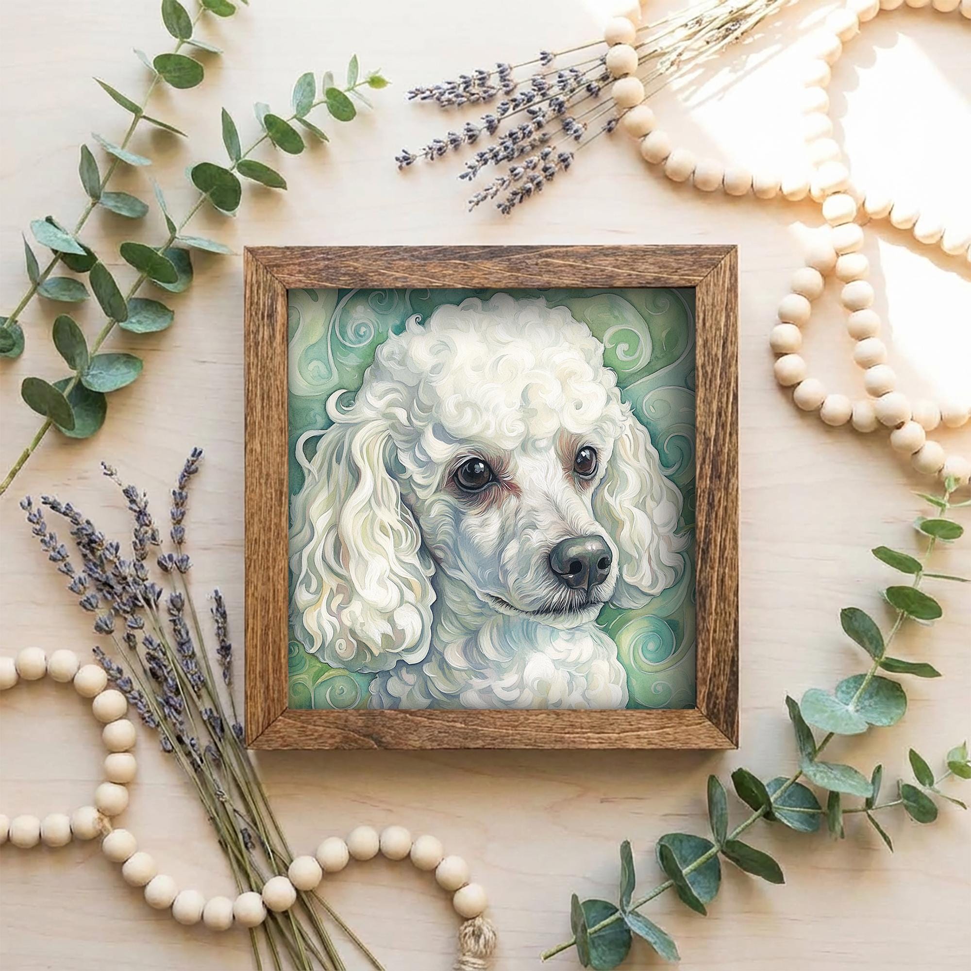 White Poodle Dog Framed Art, Watercolor Husky Portrait, 5.5 Inch Shelf Decor with Easel, Dog Lover Gift