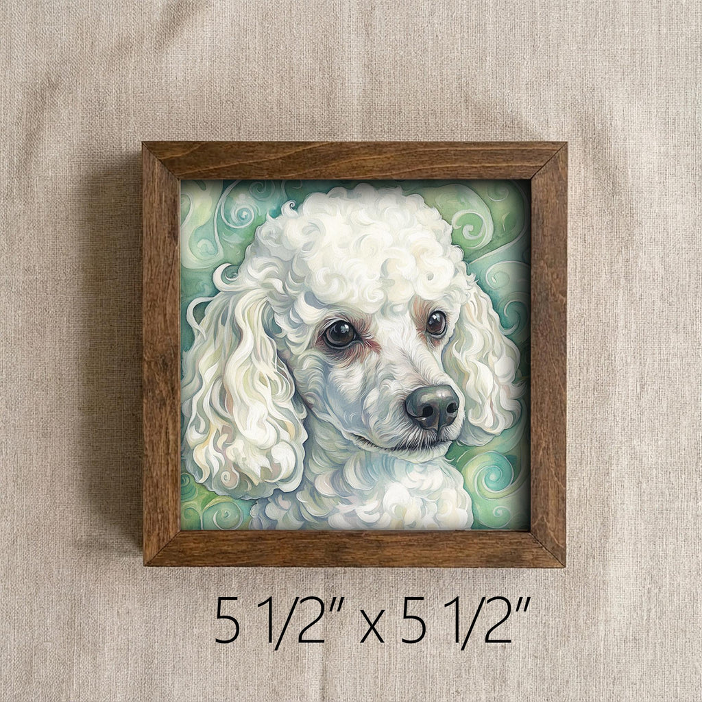White Poodle Dog Framed Art, Watercolor Husky Portrait, 5.5 Inch Shelf Decor with Easel, Dog Lover Gift