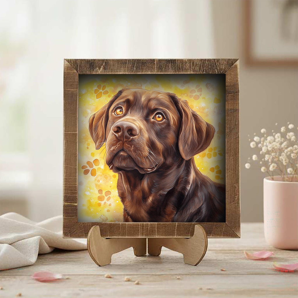 Chocolate Laborador Retriever Dog Framed Art, Watercolor Golden Retriever Portrait, 5.5 Inch Shelf Decor with Easel, Dog Lover Gift