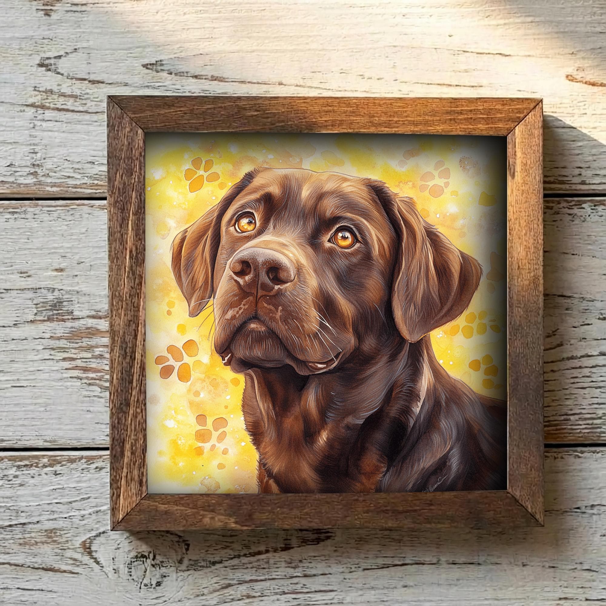 Chocolate Laborador Retriever Dog Framed Art, Watercolor Golden Retriever Portrait, 5.5 Inch Shelf Decor with Easel, Dog Lover Gift