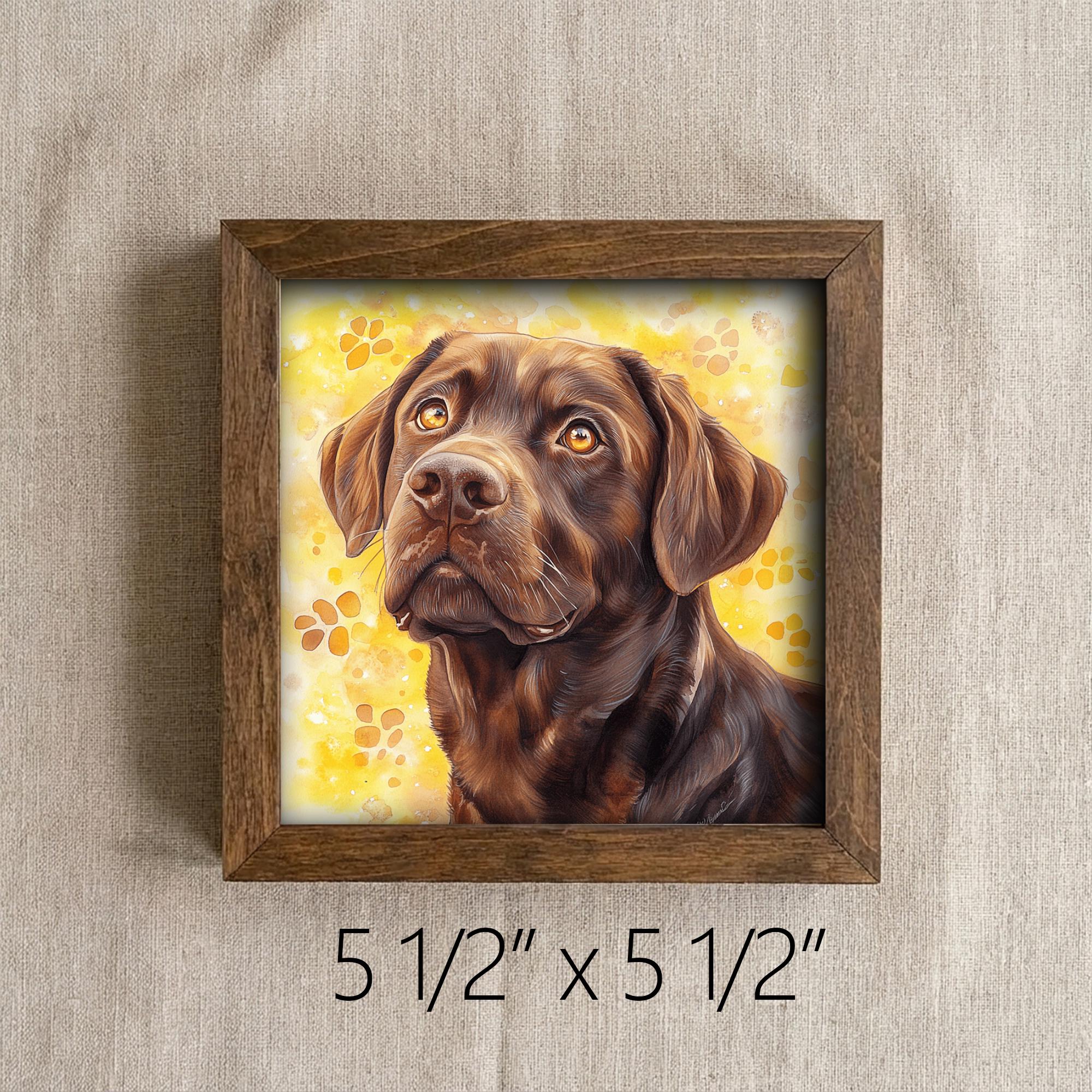 Chocolate Laborador Retriever Dog Framed Art, Watercolor Golden Retriever Portrait, 5.5 Inch Shelf Decor with Easel, Dog Lover Gift