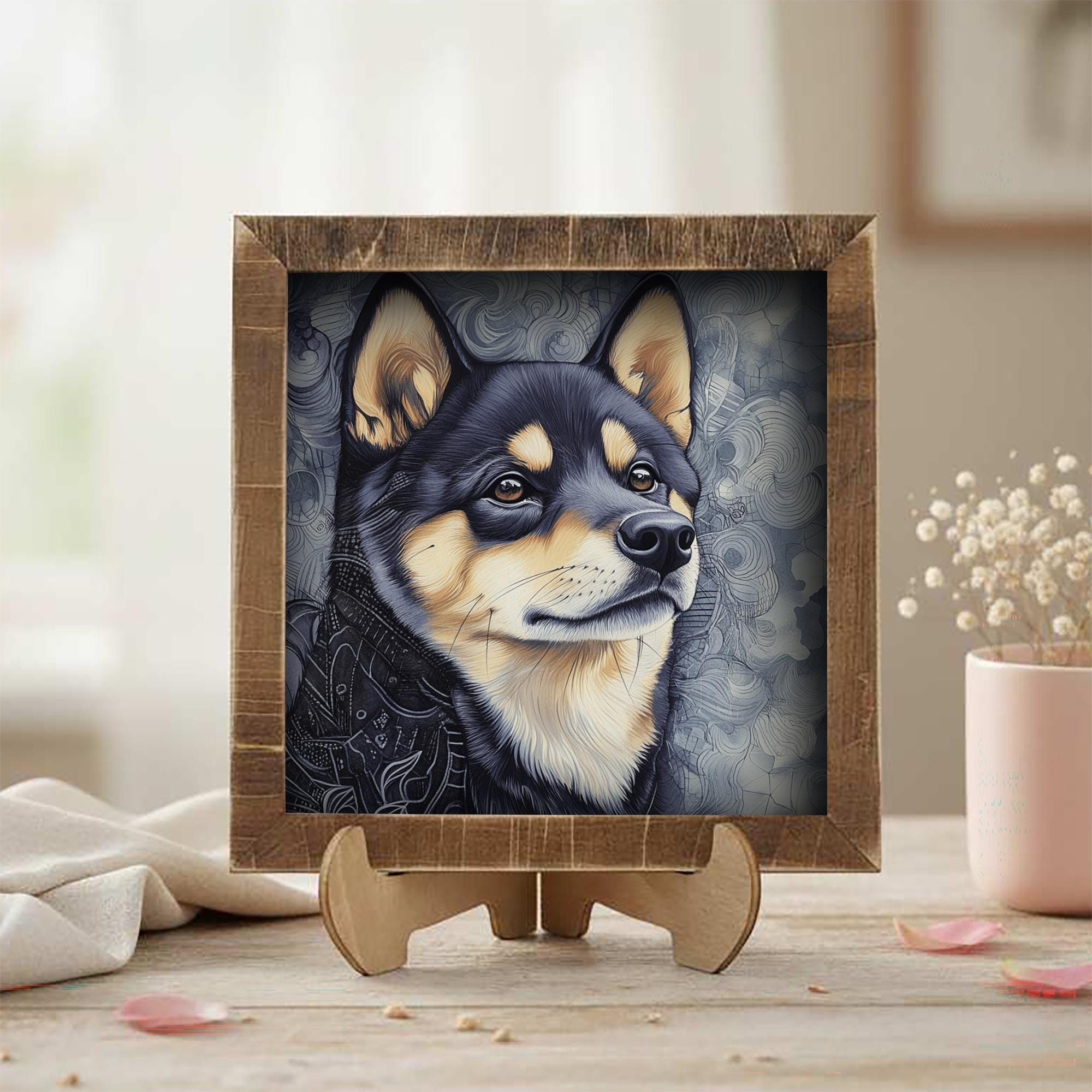 Black and Tan Shiba Inu Dog Framed Art, Watercolor Shiba Inu Portrait, 5.5 Inch Shelf Decor with Easel, Dog Lover Gift